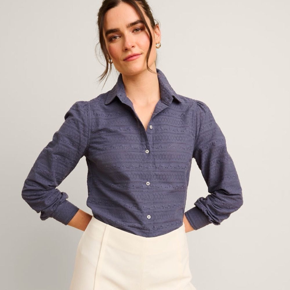 Untuckit Blue Eyelet Carmella Button Up Top Coastal 4